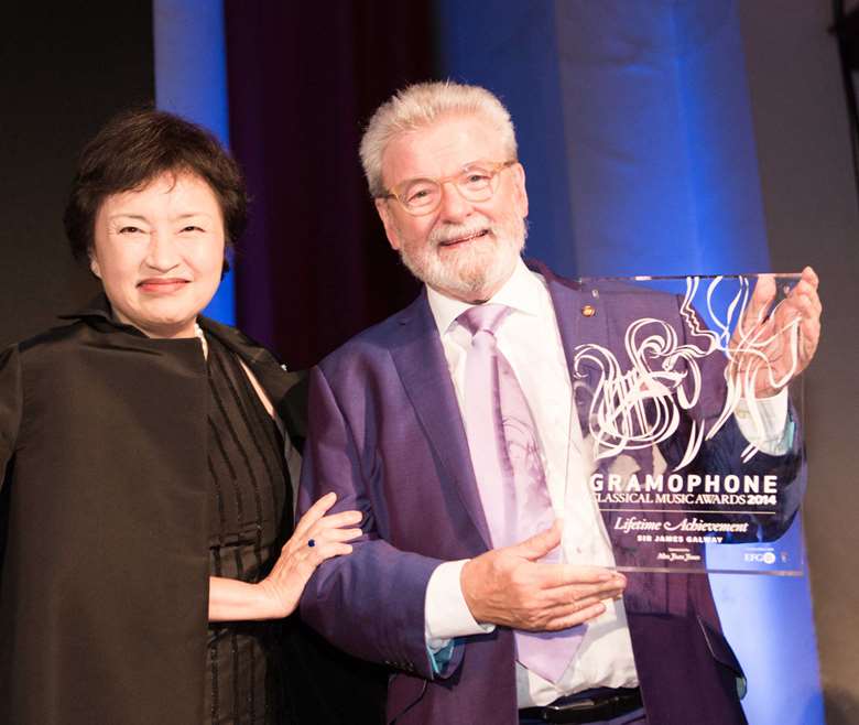 Kyung Wha Chung presents James Galway with the 2014 Gramophone Lifetime Achievement Award