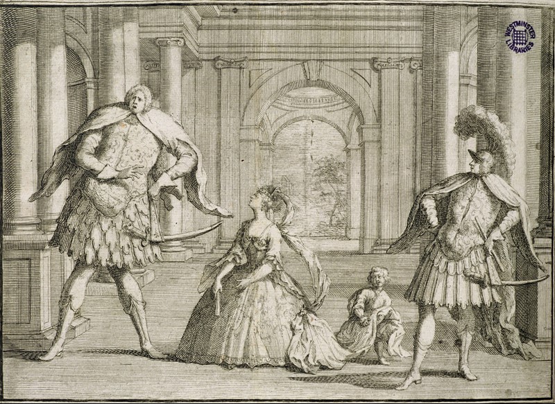 caricature of a scene possibly from Flavio, 1723 (Senesino, Cuzzoni and (Gaetano) Berenstadt)