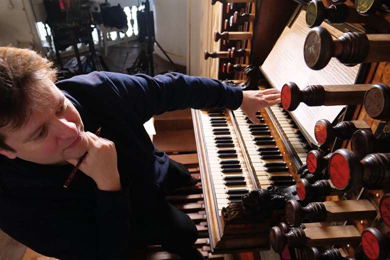 The author prepares for filming on the 1730 Trost organ at the Stadtkirche, Waltershausen, Germany (Fugue State Films)