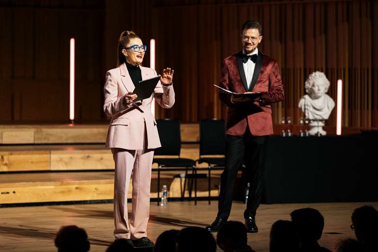 Presenters Tom McKinney and Jess Gillam at the RPS Awards (Photo: Greg Milner)